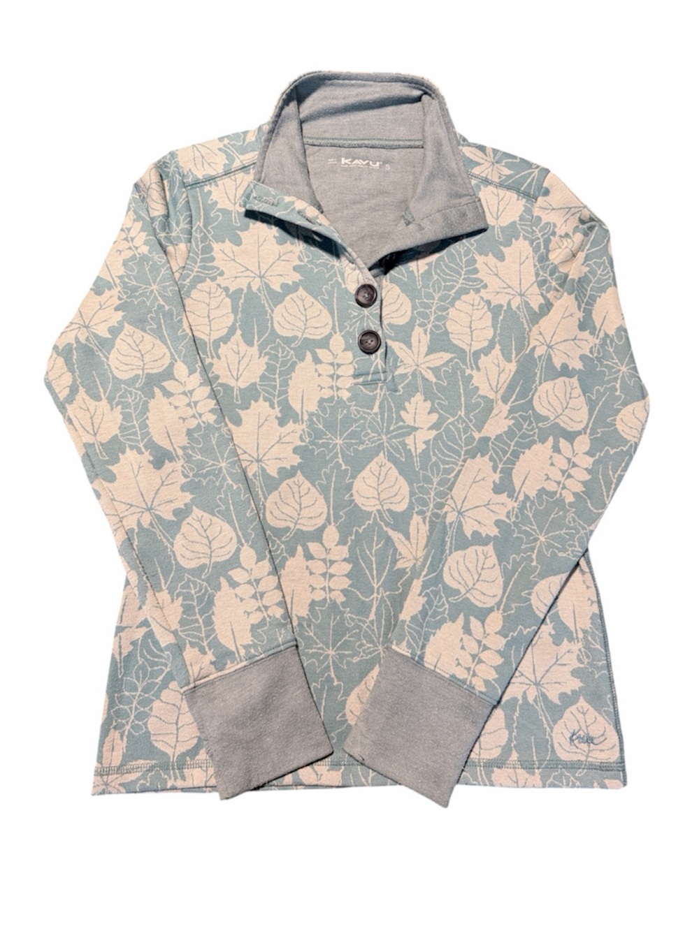 Kavu Women’s Pale Blue and Cream Leaf-Print Pullover